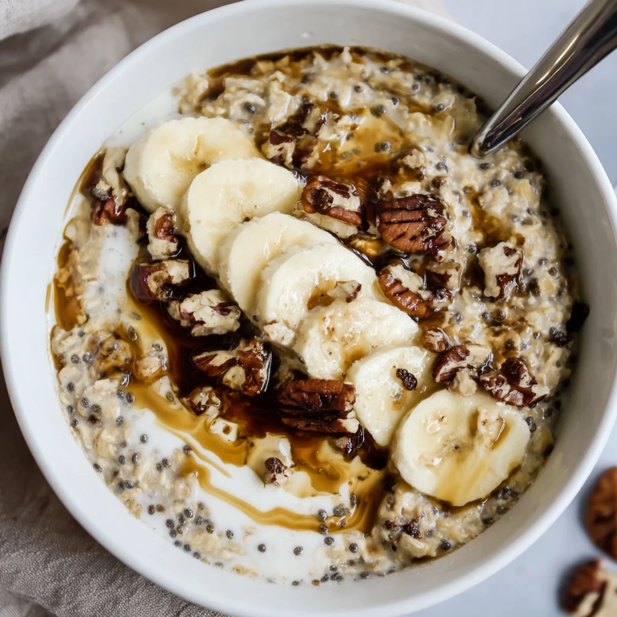 Velvety Brown Sugar Coffee Overnight Oats with maple drizzle and crunchy walnuts