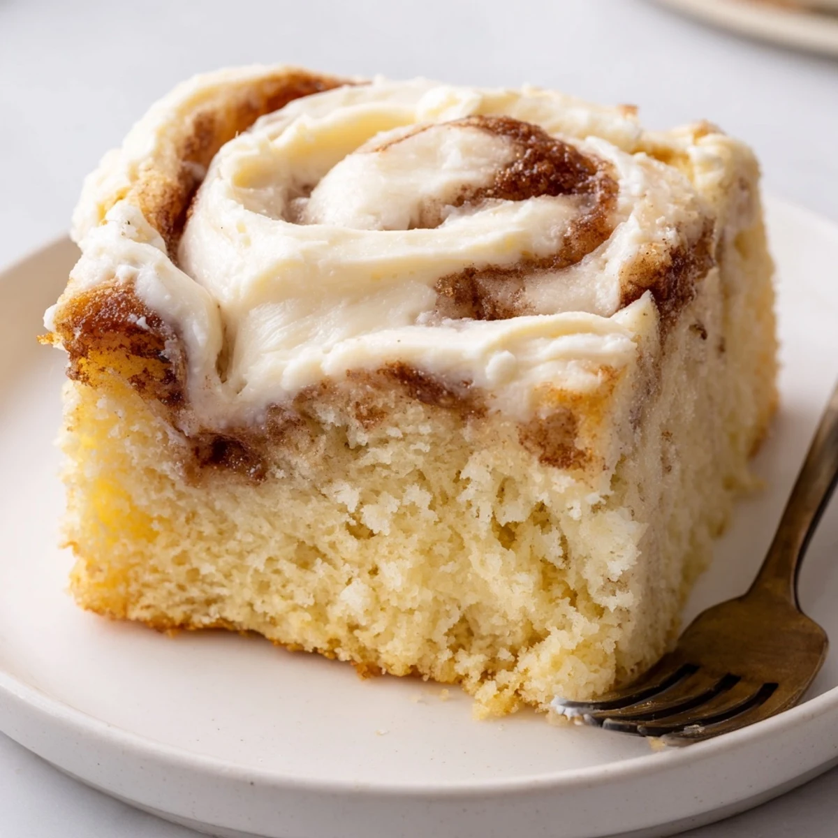 Sliced Cinnamon Roll Poke Cake showing swirls, sticky filling, perfect for sharing.
