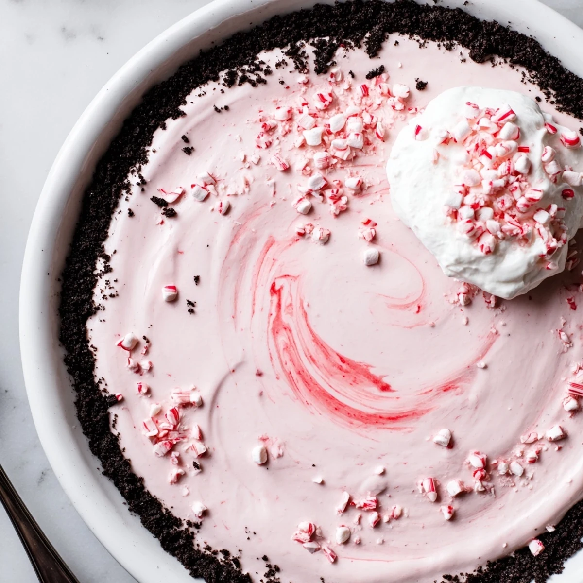 A slice of Candy Cane Pie topped with whipped cream and crushed candy canes