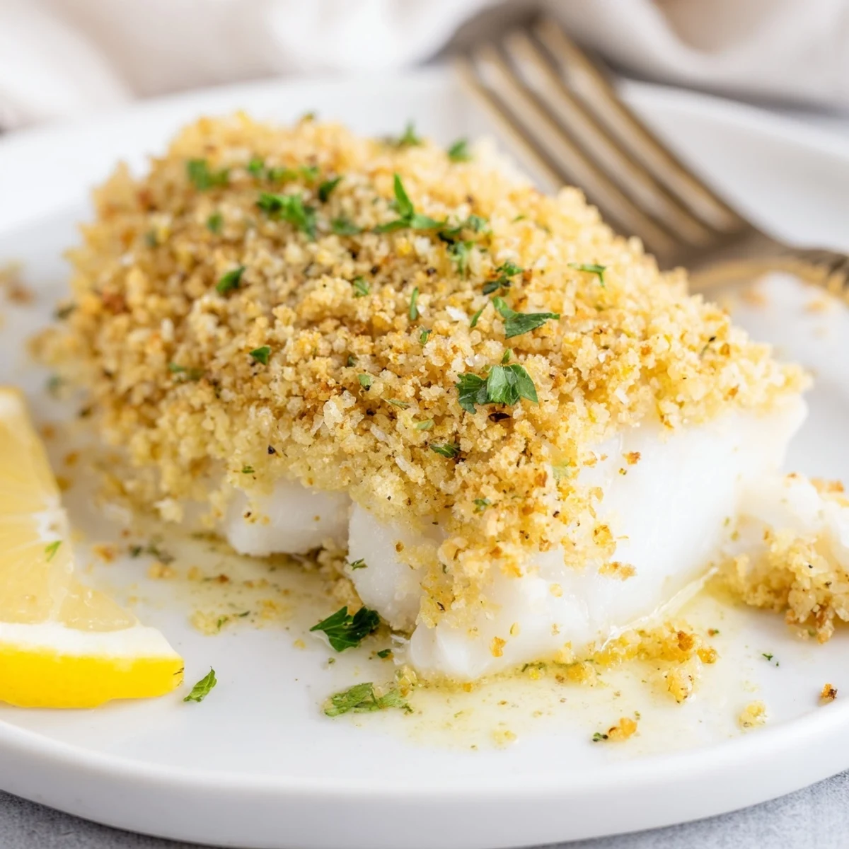 Golden breadcrumb topped Boston Baked Cod steaming with lemon wedges and parsley