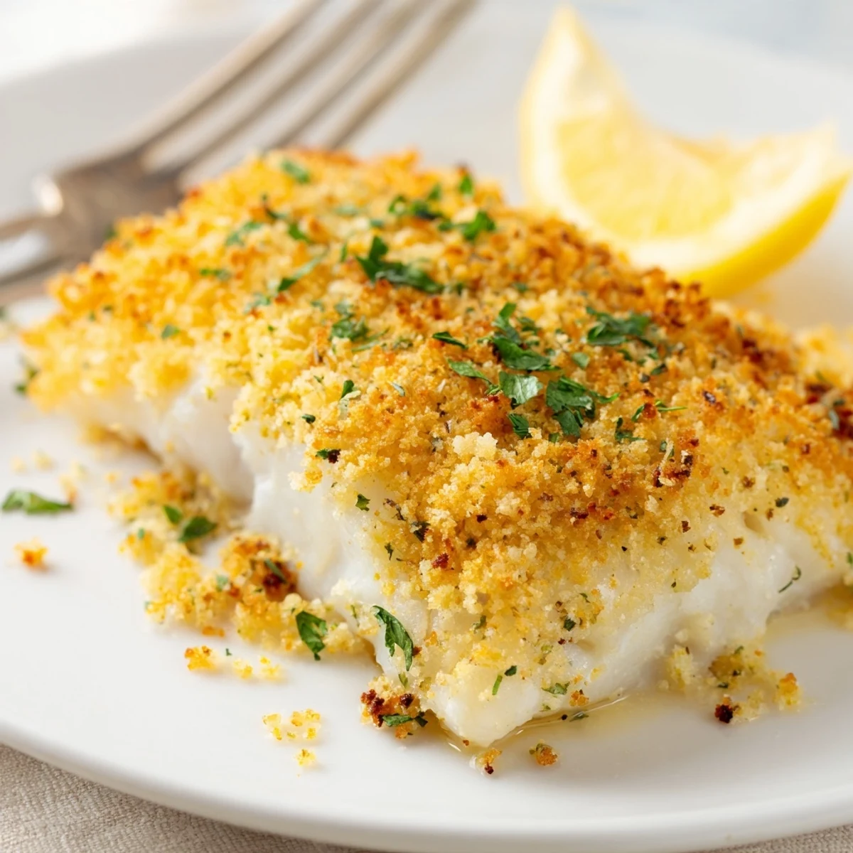 Weeknight dinner Boston Baked Cod served hot with roasted potatoes and lemon