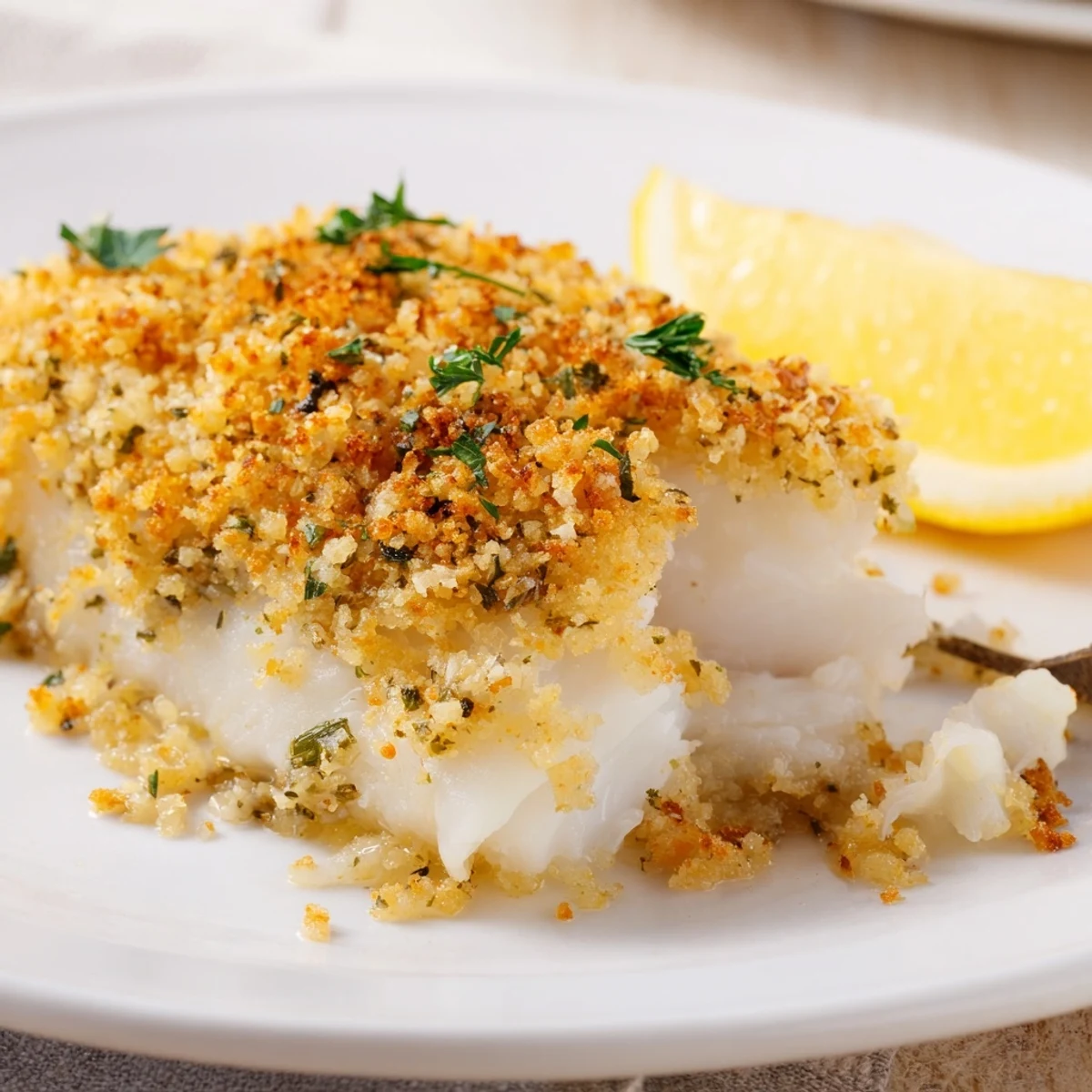 Oven baked Boston Baked Cod flakes easily, buttery crumbs browned and fragrant
