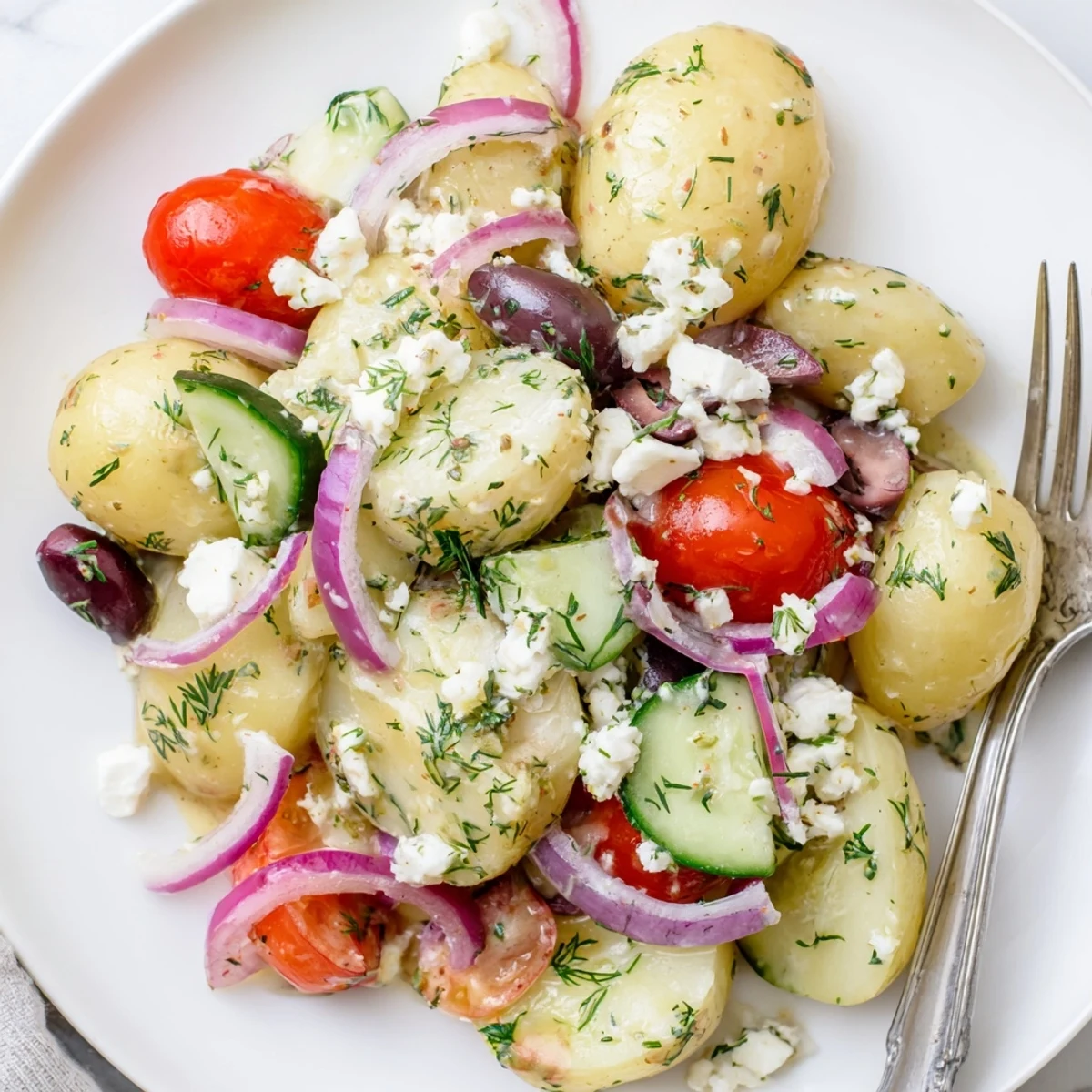 Olive Greek Potato Salad with creamy potatoes, briny Kalamata olives, lemony dressing