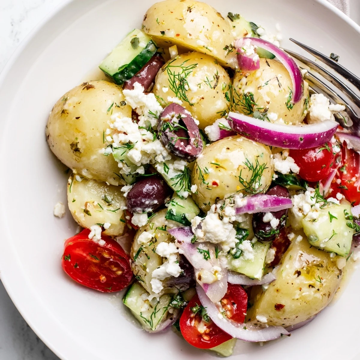 Chilled Olive Greek Potato Salad tossed with fresh herbs, crisp cucumber slices