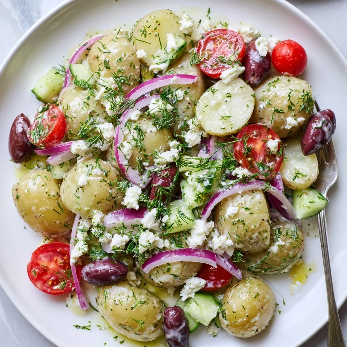 Picnic-ready Olive Greek Potato Salad featuring feta crumbles, tangy lemon vinaigrette