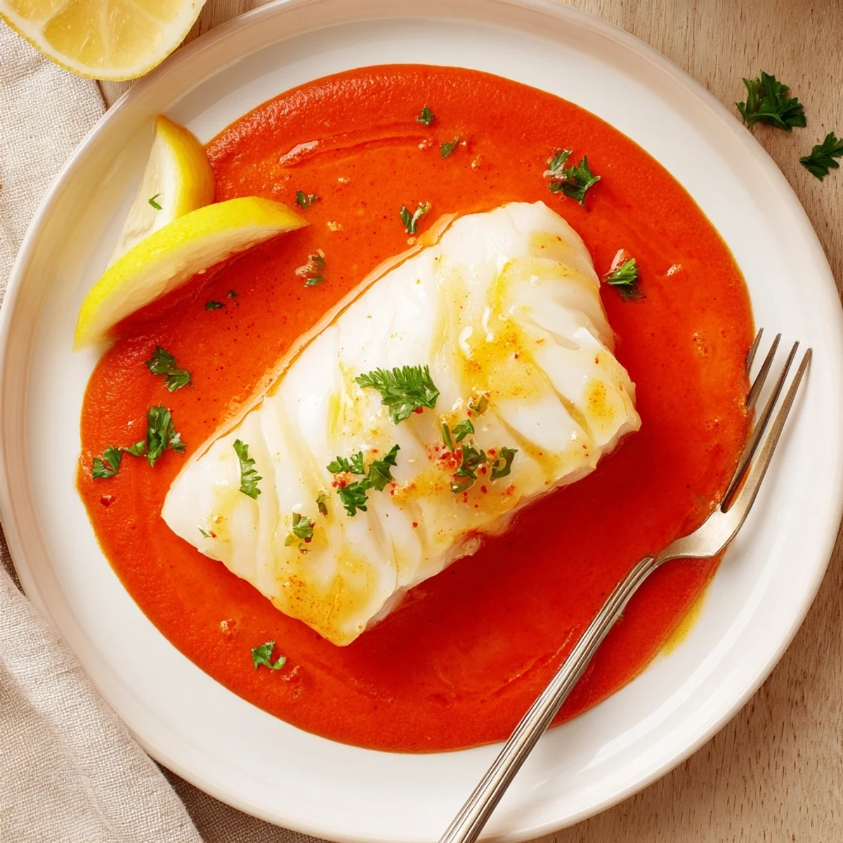 Cod In Roasted Red Pepper Sauce, tender flakes in vibrant smoky sauce.