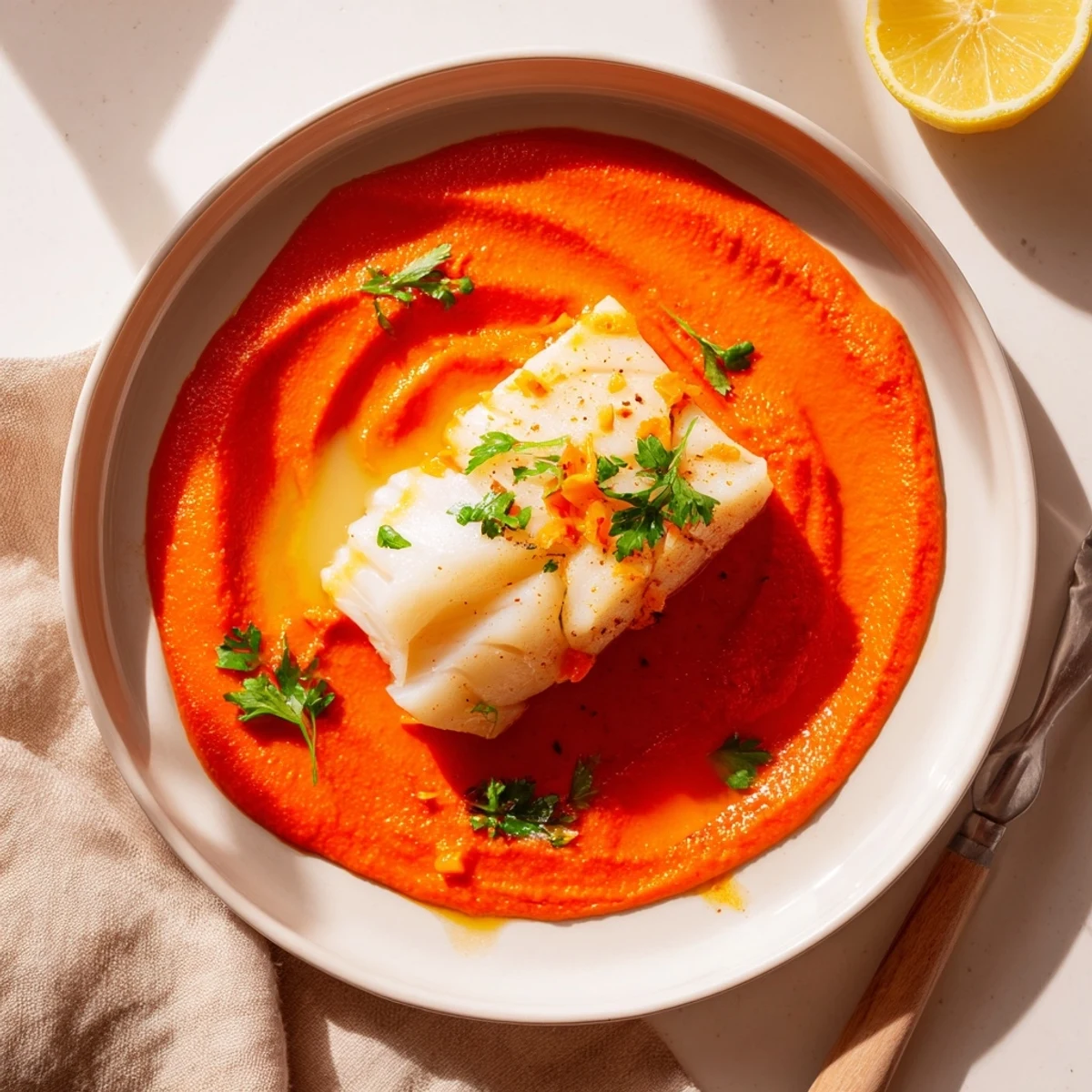 Flaky cod bathed in Cod In Roasted Red Pepper Sauce, served with rice.