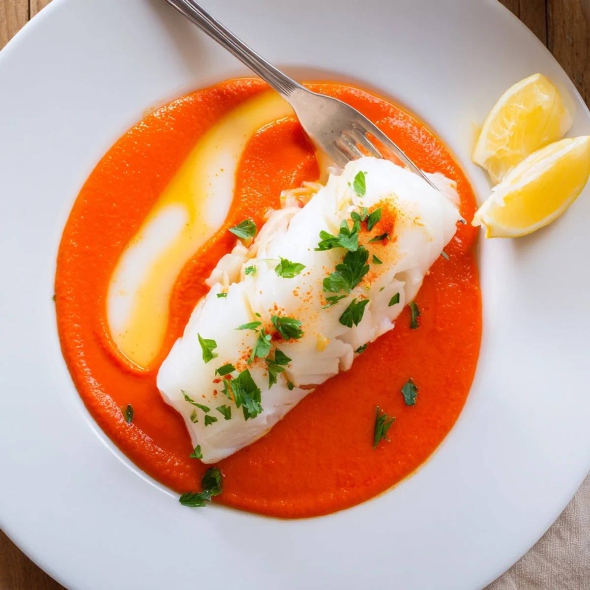 Skillet-poached fish with bright Cod In Roasted Red Pepper Sauce, lemon garnish.