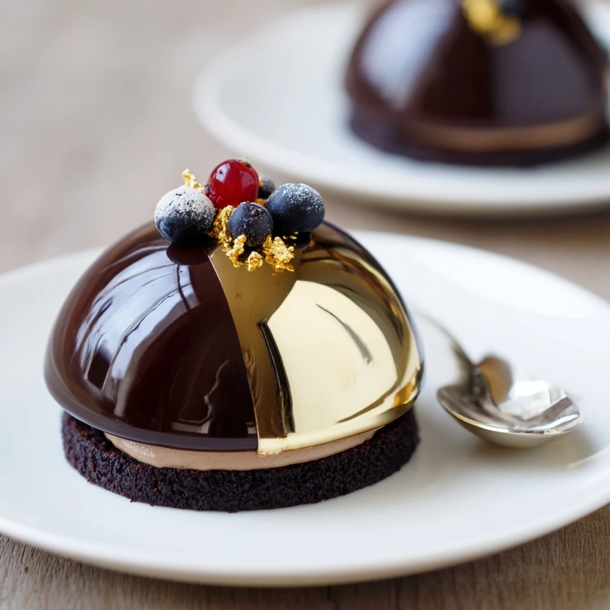 Elegant Chocolate Mascarpone Dome Dessert With Glossy Shells glistening under warm light, gold leaf