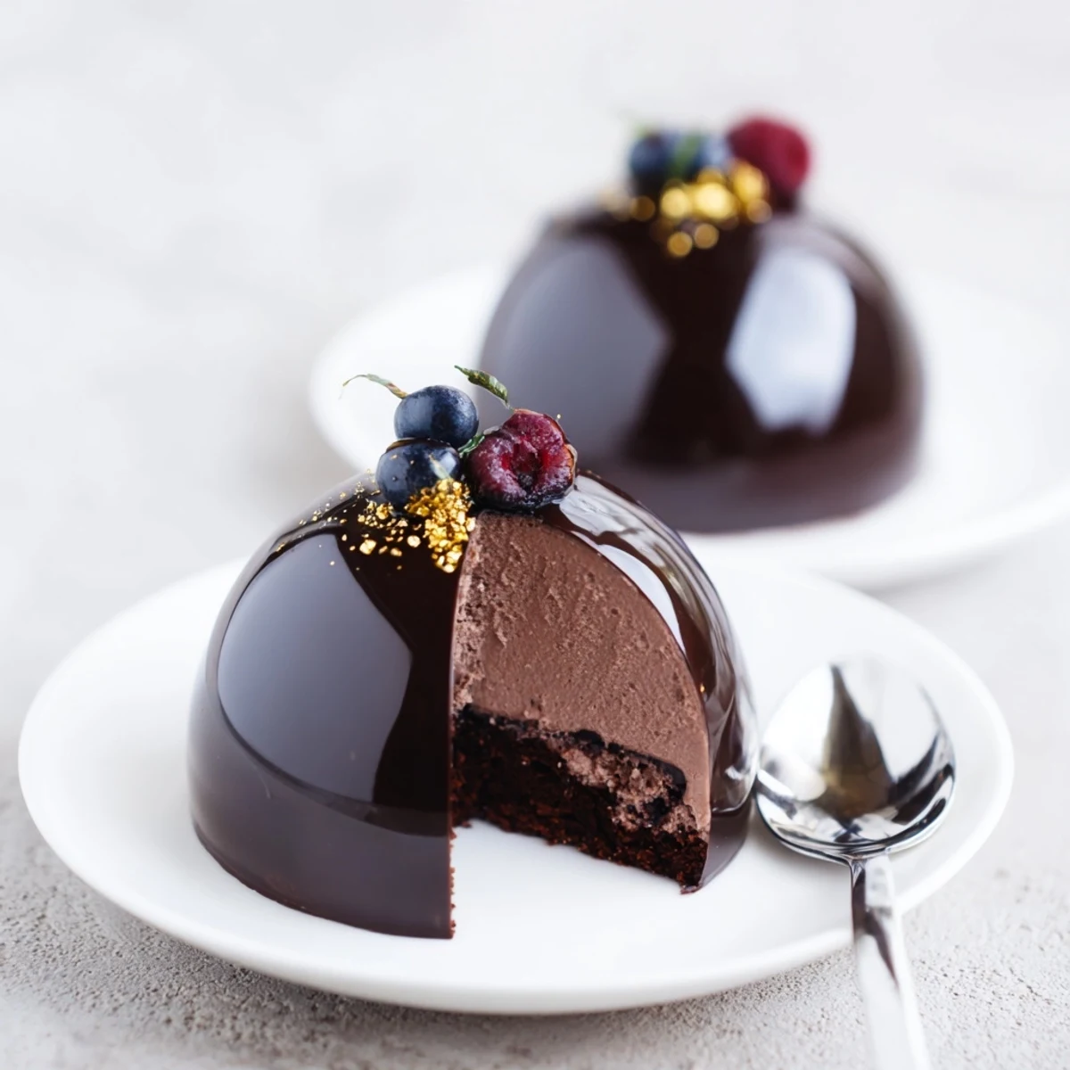 Elegant Chocolate Mascarpone Dome Dessert With Glossy Shells served with espresso and fresh berries