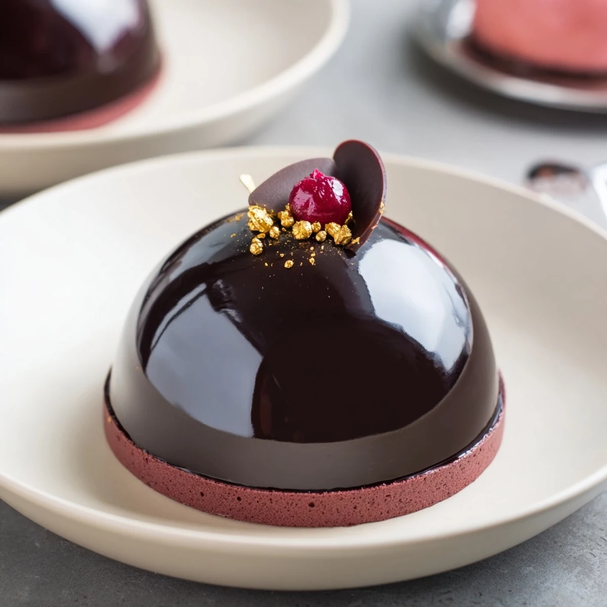 Silky mascarpone center visible in Elegant Chocolate Mascarpone Dome Dessert With Glossy Shells, plated