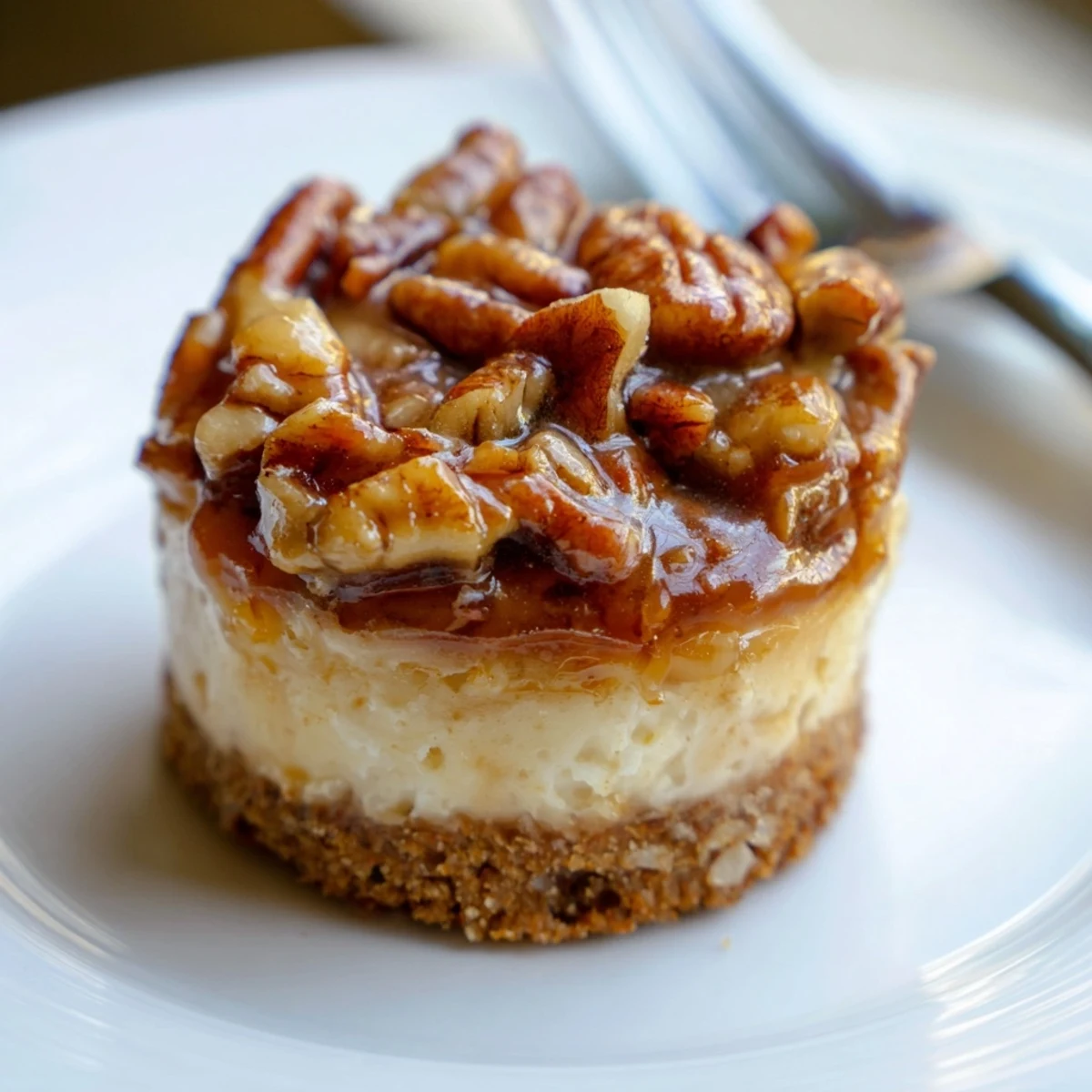 Mini Pecan Pie Cheesecakes topped with glossy pecans, buttery crust visible