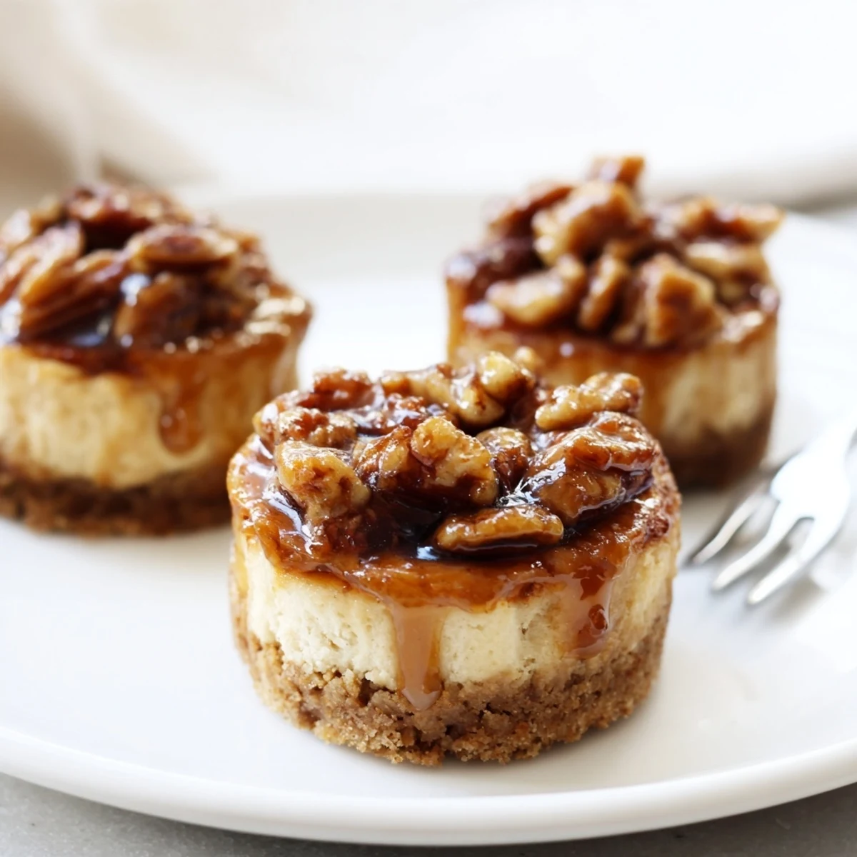 Warm caramel drizzle on Mini Pecan Pie Cheesecakes, creamy centers and crunch