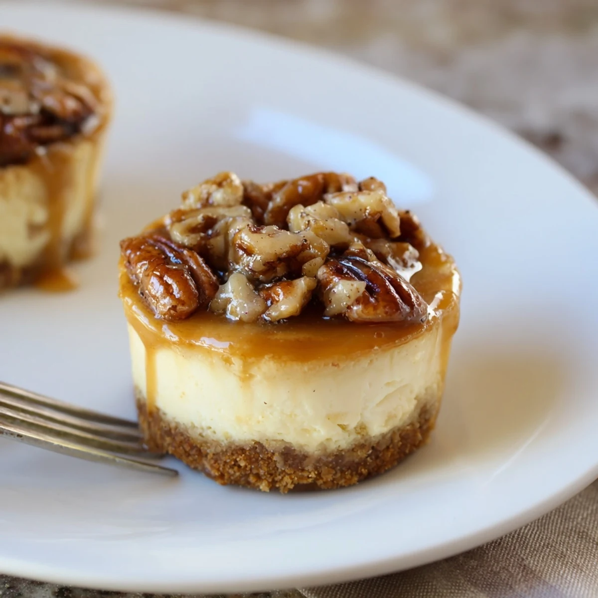 On a holiday platter, chilled Mini Pecan Pie Cheesecakes garnished with toasted pecans
