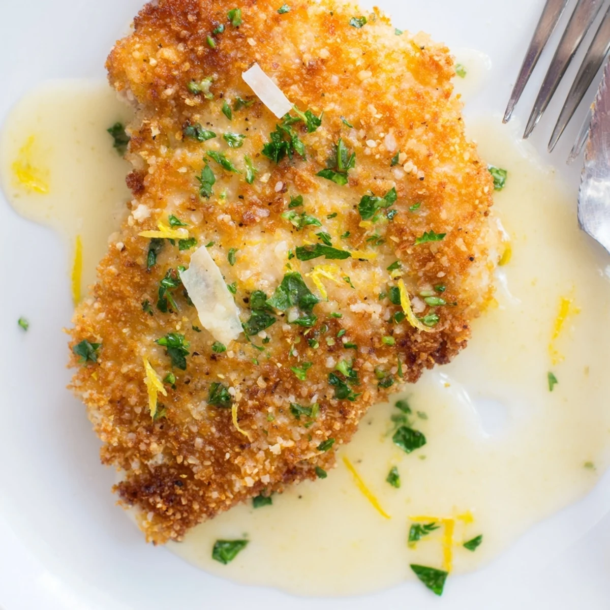 Crispy Lemon Pecorino Crusted Chicken With Creamy Lemon Sauce, golden and steaming.