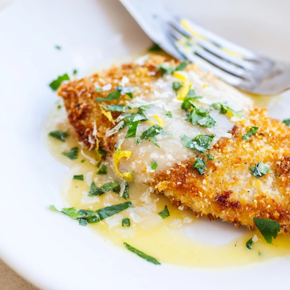 Lemon Pecorino Crusted Chicken With Creamy Lemon Sauce served over wilted greens.