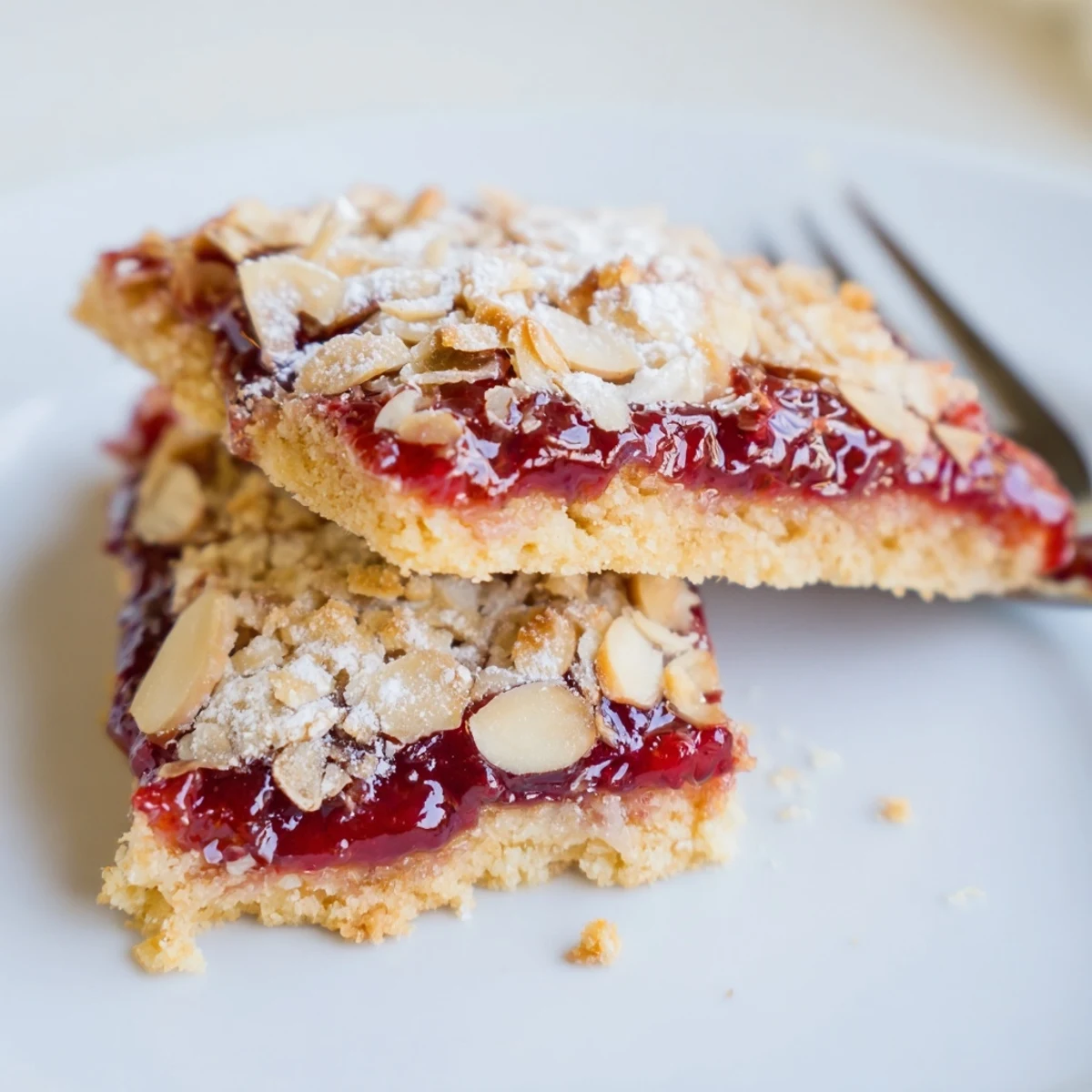 Raspberry Almond Bars with jammy center, golden crumble, toasted almonds on plate