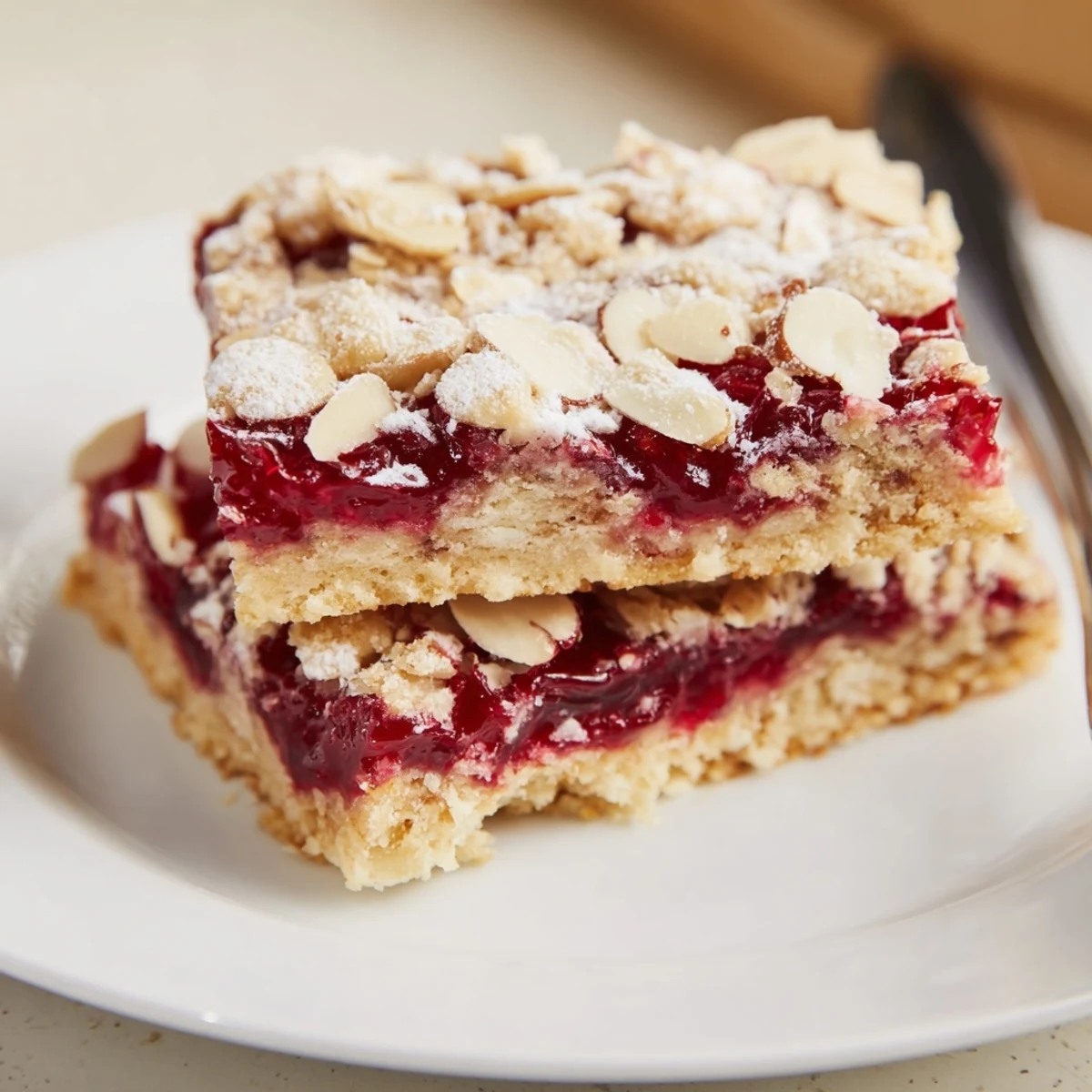 Overhead shot of Raspberry Almond Bars cooling in parchment lined pan, warm aroma