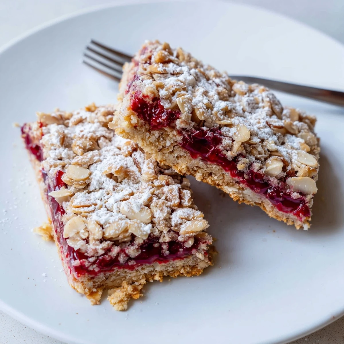Close up of Raspberry Almond Bars slice topped with powdered sugar and cream