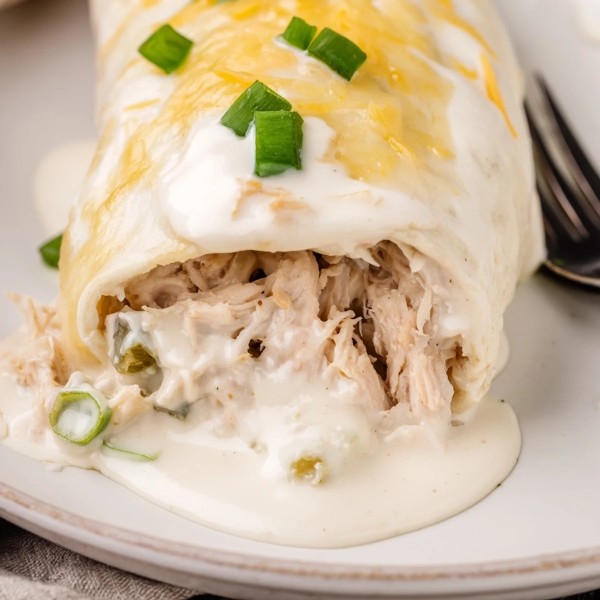 Sliced cilantro atop White Rotisserie Chicken Enchiladas served hot with rice