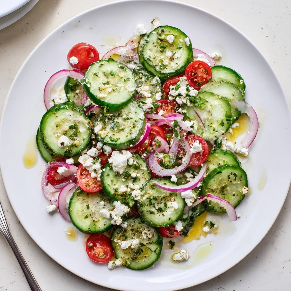 Cucumber Feta Salad With Lemon Greek Vinaigrette glistening with bright lemon dressing