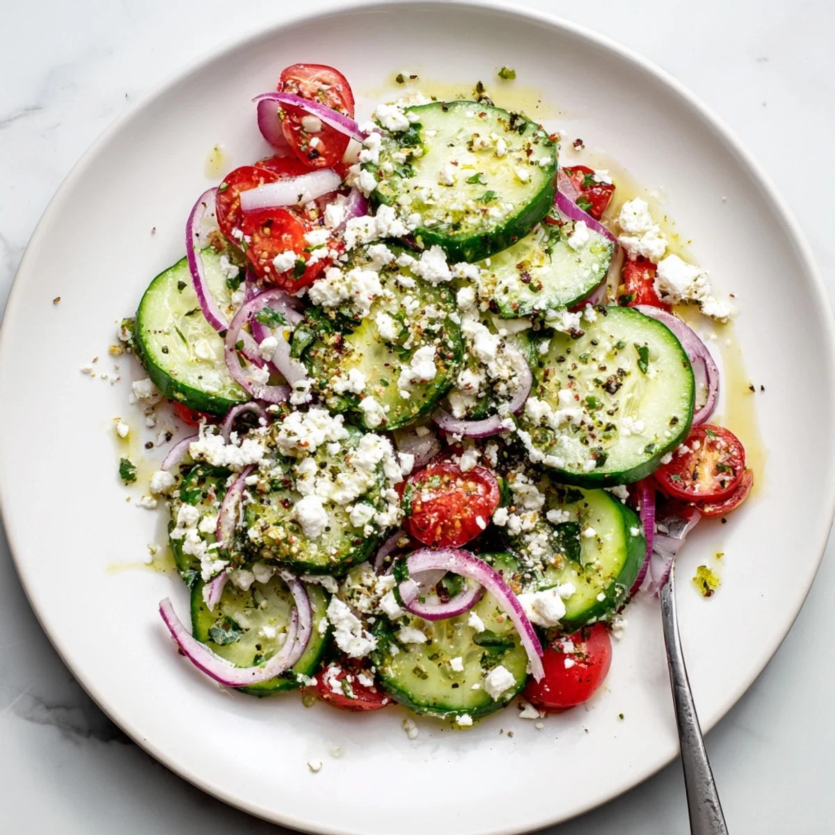 Chilled Cucumber Feta Salad With Lemon Greek Vinaigrette served alongside grilled chicken