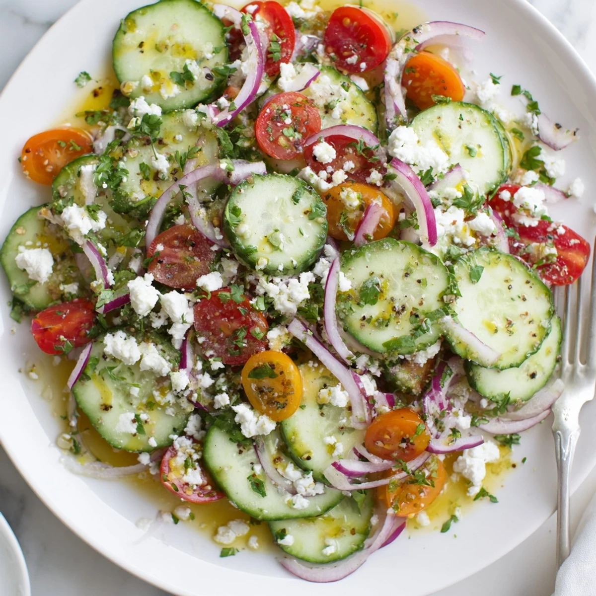 A bright, crunchy Cucumber Feta Salad With Lemon Greek Vinaigrette ready to serve