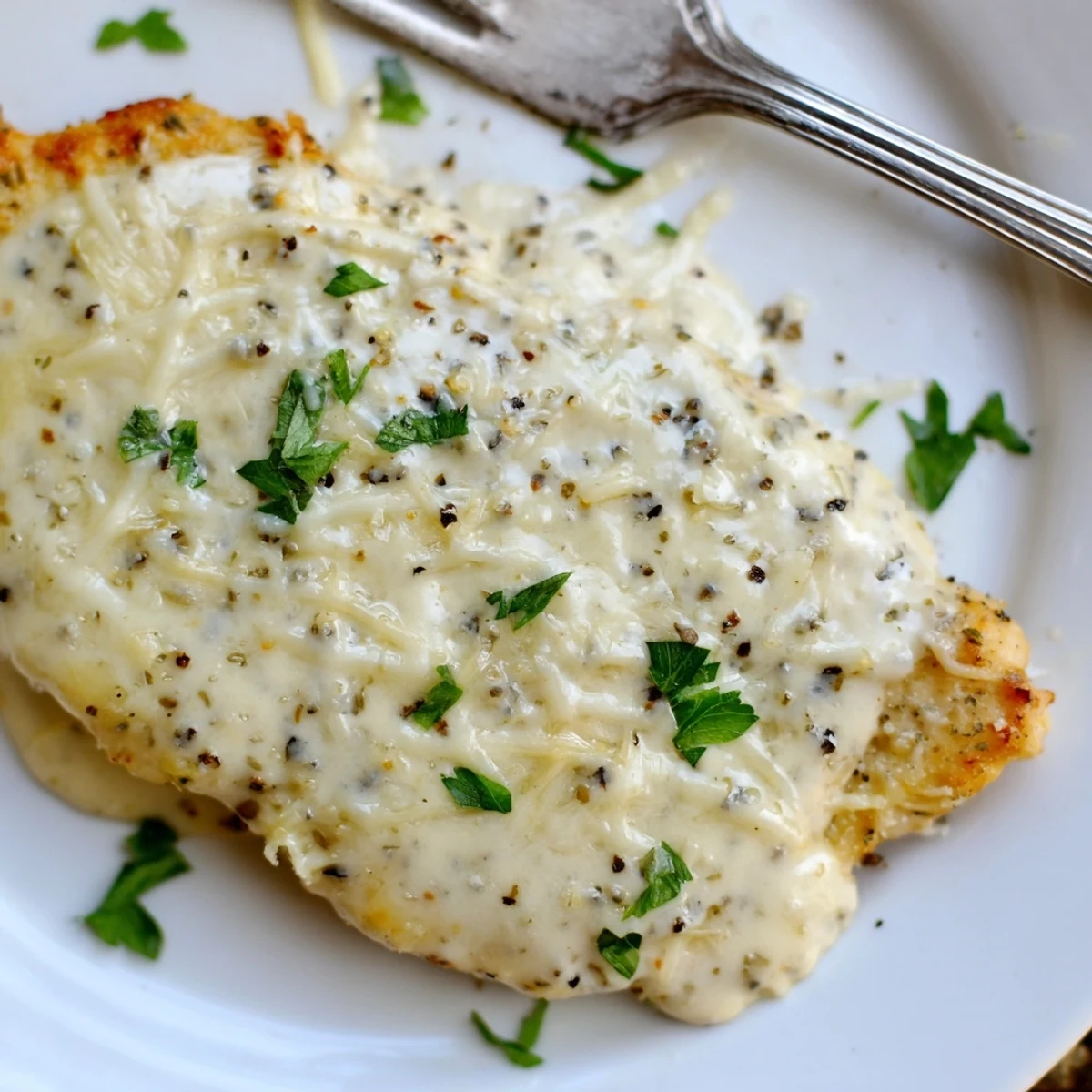 Baked Caesar Chicken With Creamy Parmesan Sauce, golden bubbly topping and tender breasts