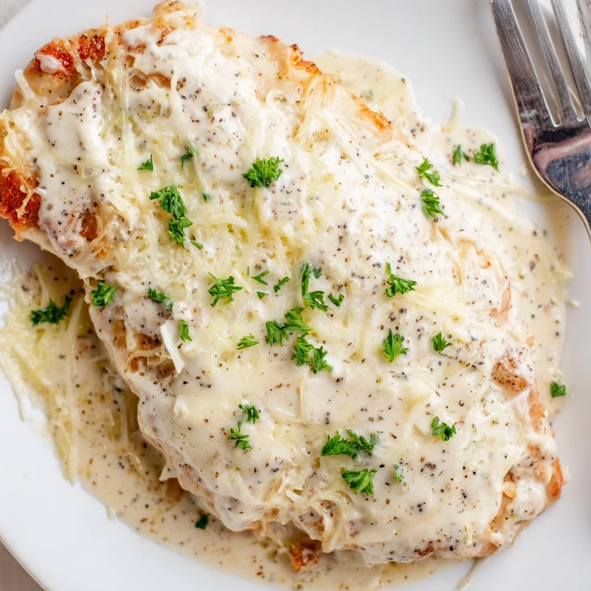 Family-style Baked Caesar Chicken With Creamy Parmesan Sauce, served with mixed greens