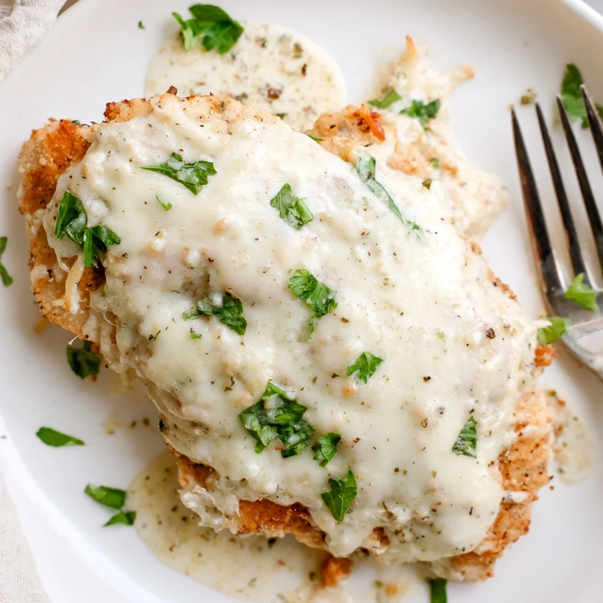 Baked Caesar Chicken With Creamy Parmesan Sauce resting, creamy crust and fresh parsley