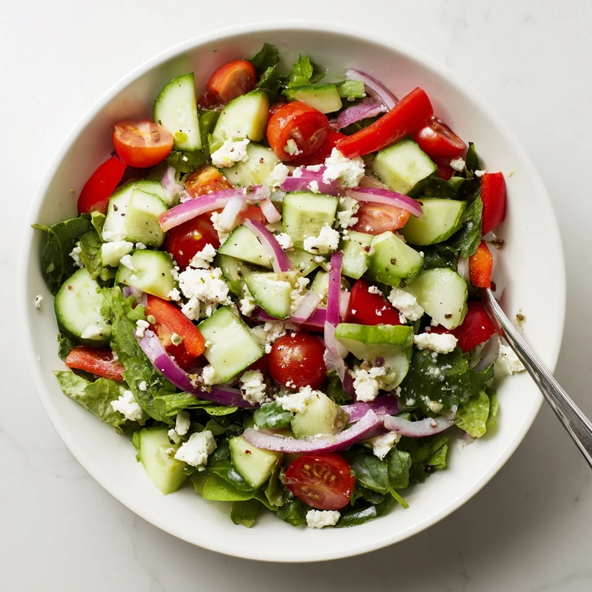 Fresh Salad Recipe with crisp mixed greens, juicy tomatoes, and lemony dressing