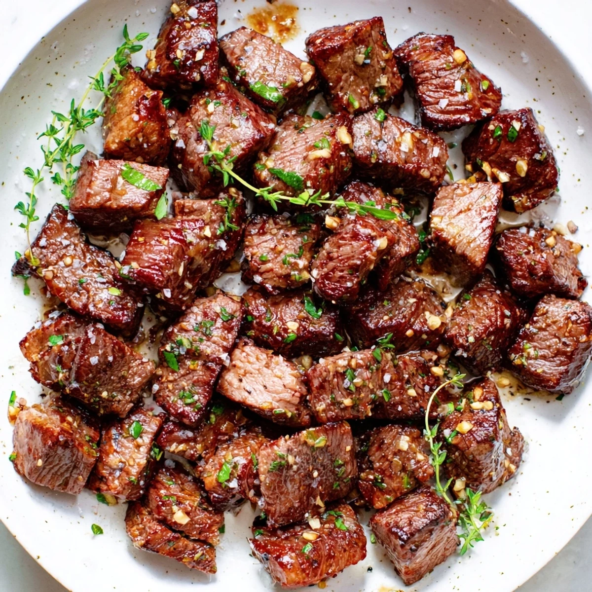Garlic Butter Steak Bites glistening with browned crust, aromatic garlic butter, parsley garnish