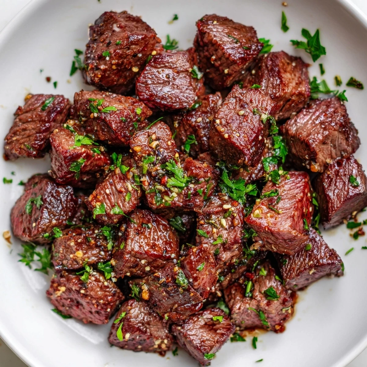 Weeknight Garlic Butter Steak Bites tossed in herb butter, perfect for mashed potatoes