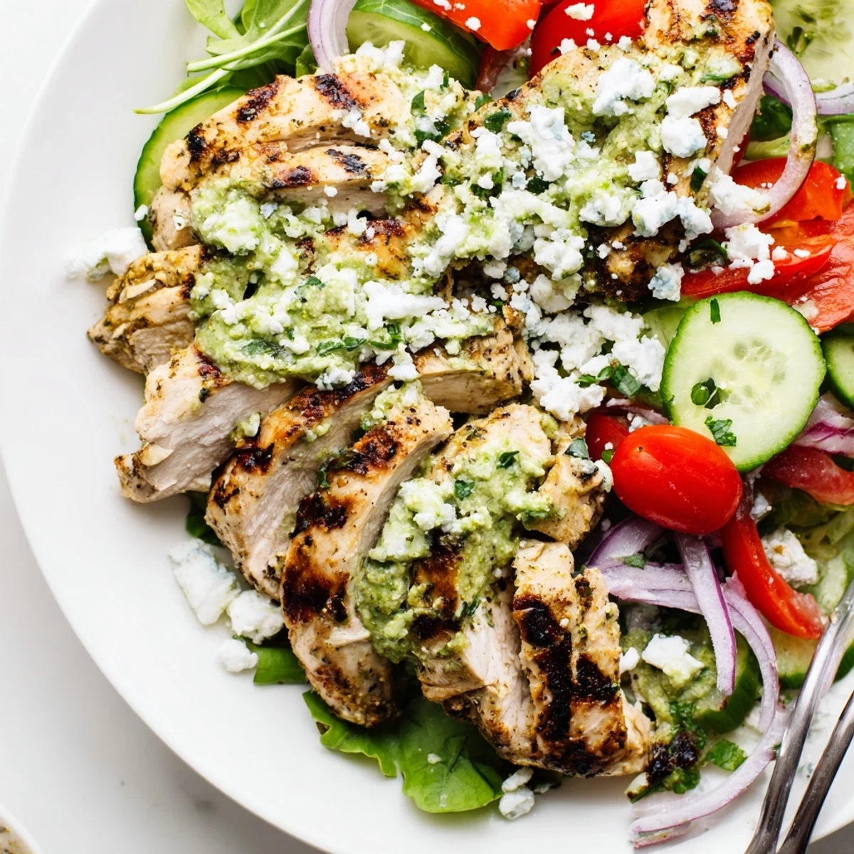 Grilled Chicken Salad Avocado Herb Dressing Recipe with charred chicken, creamy avocado dressing  
