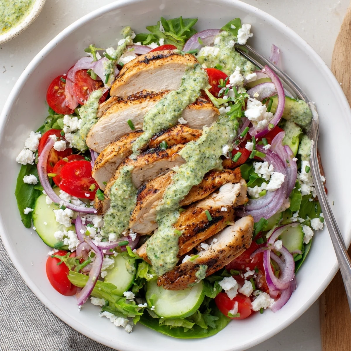 Bright citrus-lime zip in Grilled Chicken Salad Avocado Herb Dressing Recipe, served chilled  