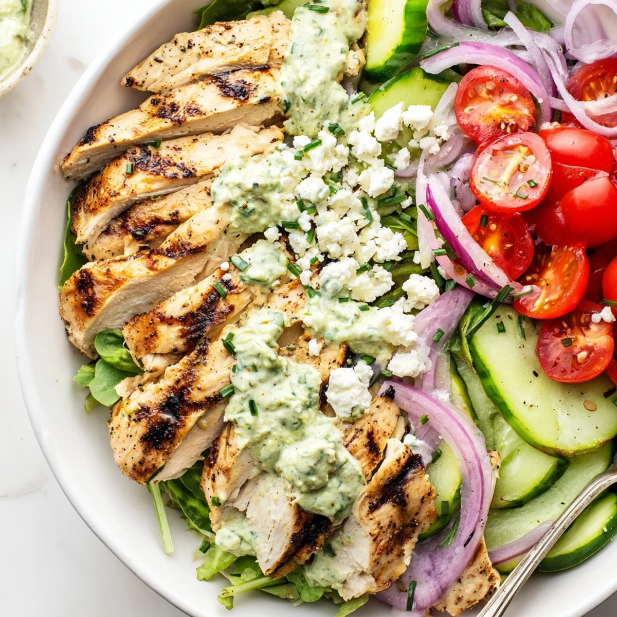 Sliced smoky breast atop mixed greens in Grilled Chicken Salad Avocado Herb Dressing Recipe