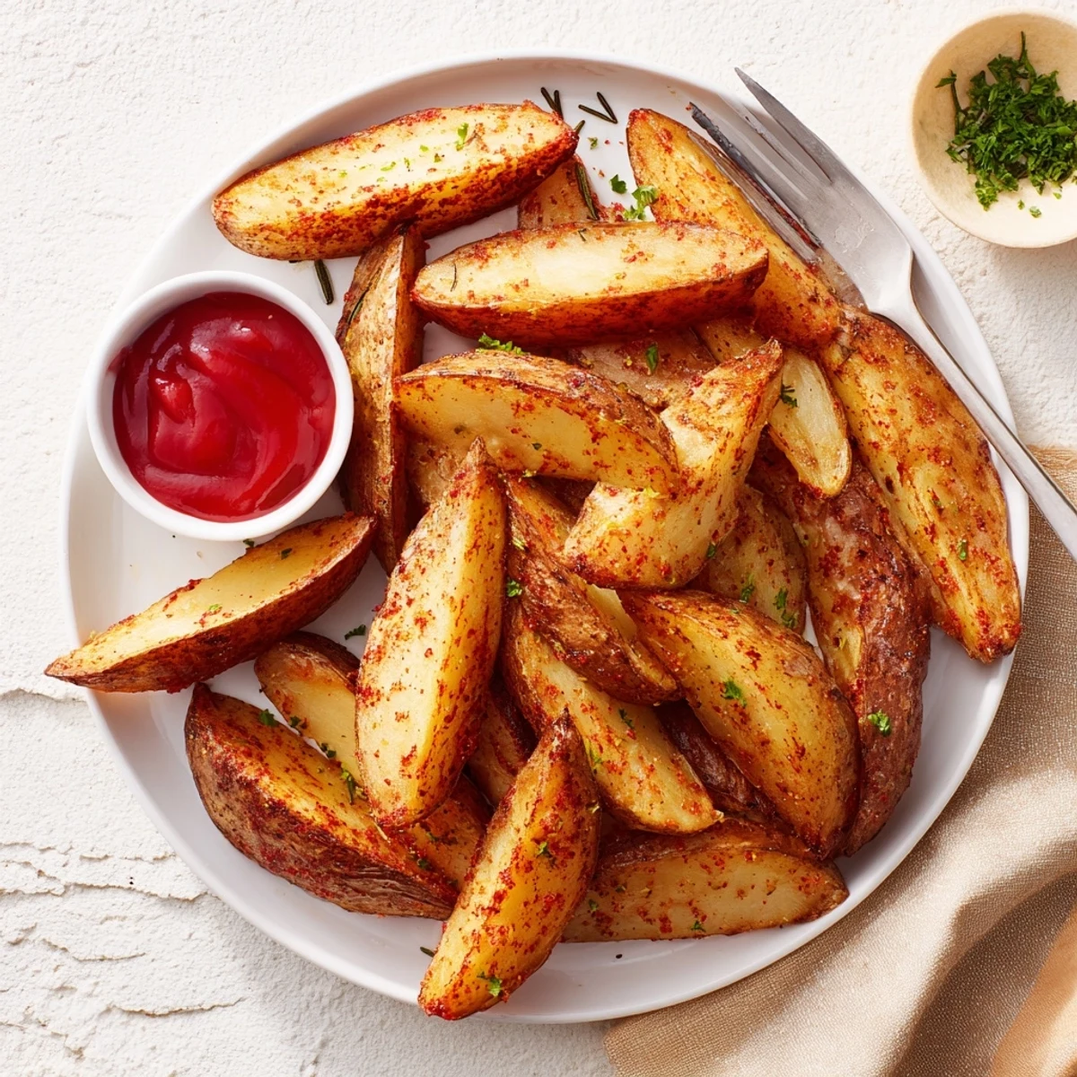 Golden oven-baked Potato Wedges, crispy edges and fluffy centers, served hot.