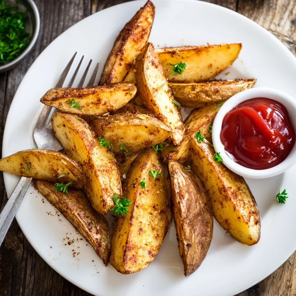Herb-seasoned Potato Wedges on parchment, fragrant garlic and paprika aroma.