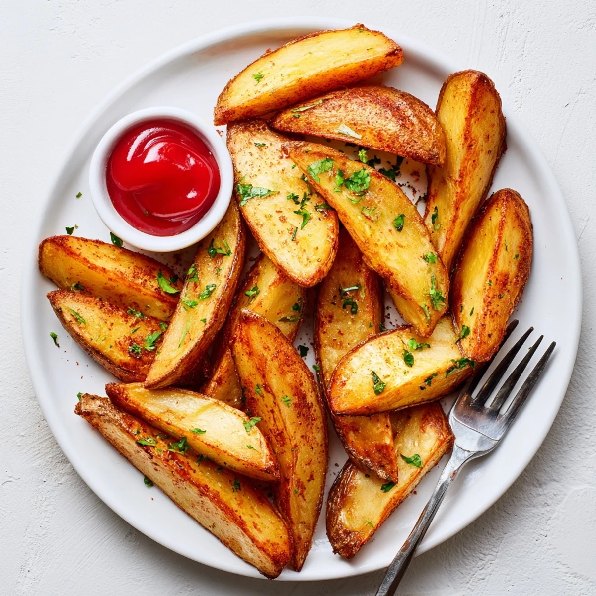 Crispy-skinned Potato Wedges with parsley sprinkle, ideal for ketchup dipping.