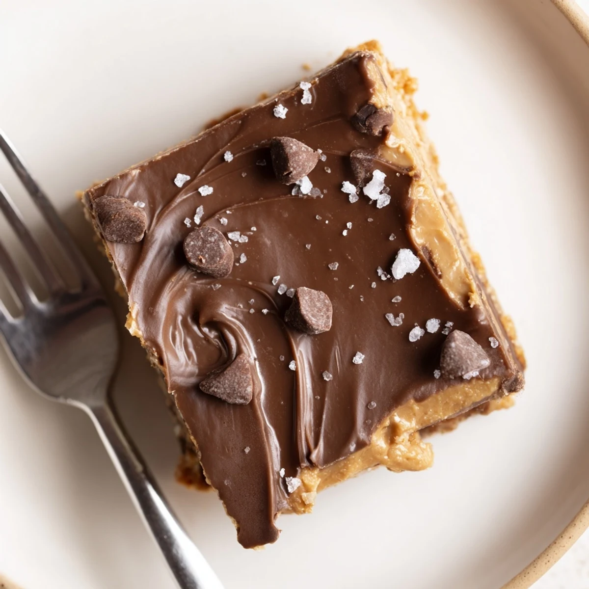 Stacked No Bake Peanut Butter Bars garnished with sea salt, ready to serve