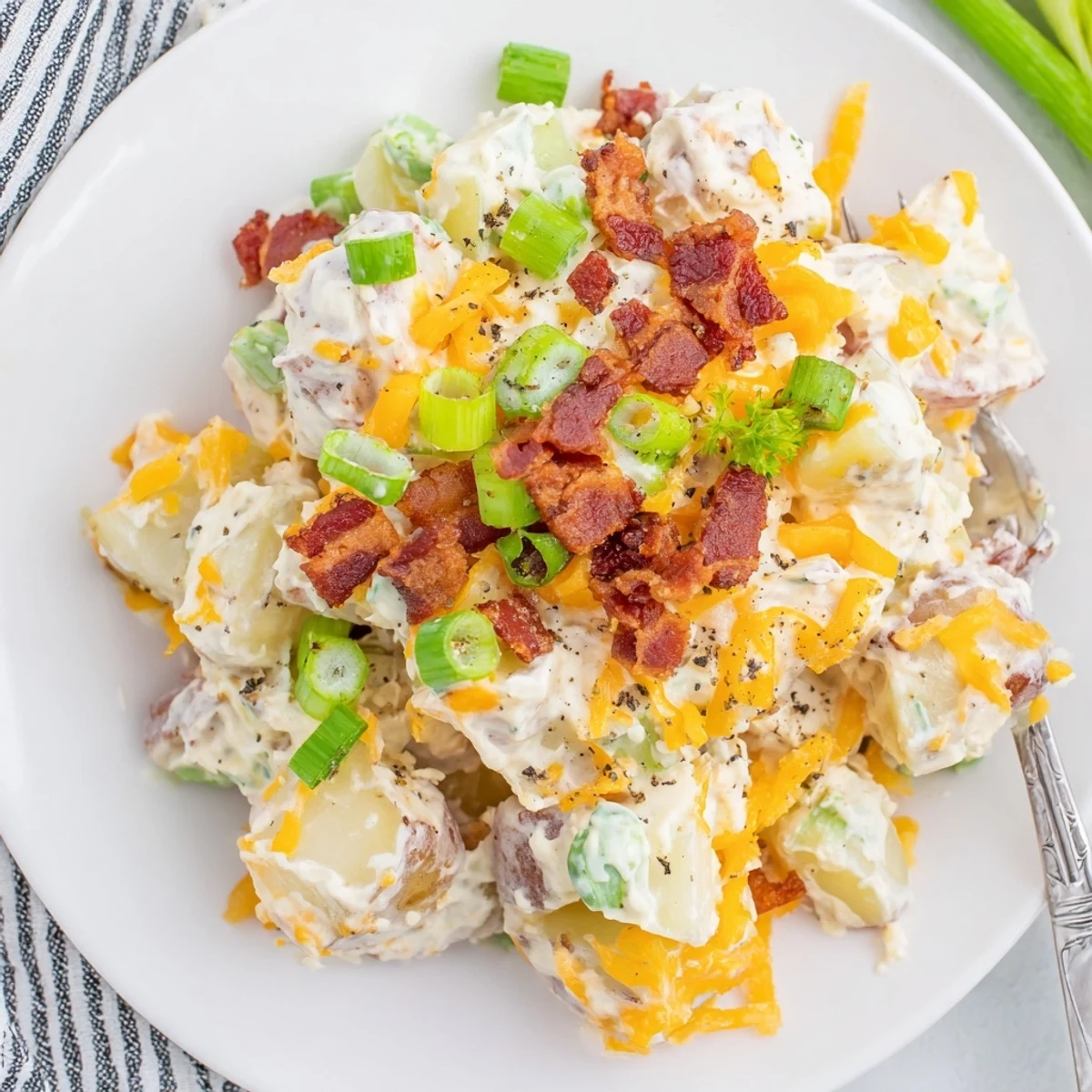Beef Bacon Loaded Potato Salad piled high with crispy bacon, creamy dressing  