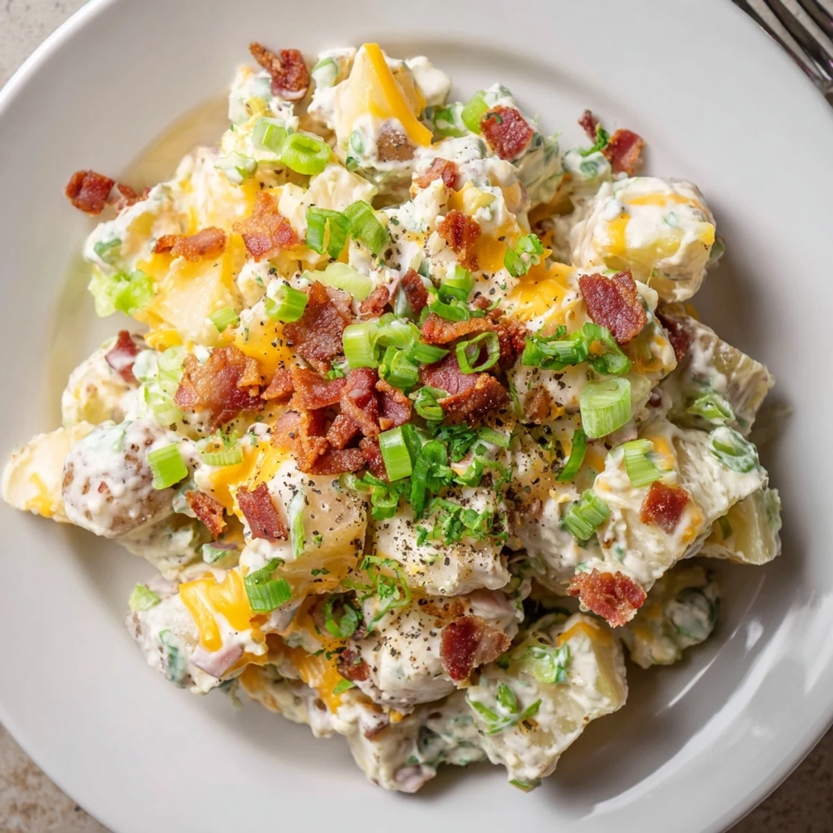Warm Beef Bacon Loaded Potato Salad studded with sharp cheddar and parsley  