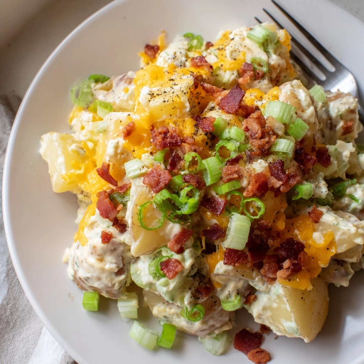 Chilled Beef Bacon Loaded Potato Salad in large bowl, garnished with green onions
