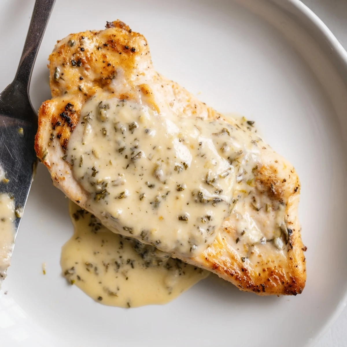 Sliced Chicken With Cheese Sauce draped over golden seared breasts, creamy aroma.