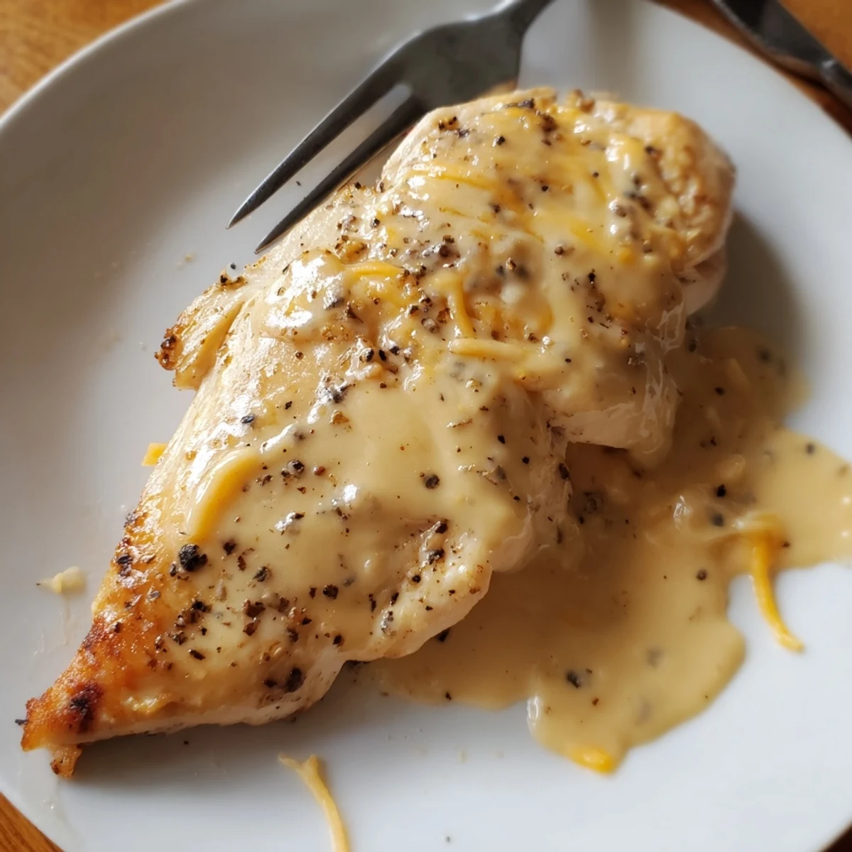 Oven-baked Chicken With Cheese Sauce beside steamed broccoli, glossy melted cheddar.