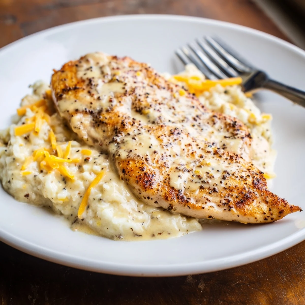 Tender Chicken With Cheese Sauce spooned warm over rice, silky, tangy bite.