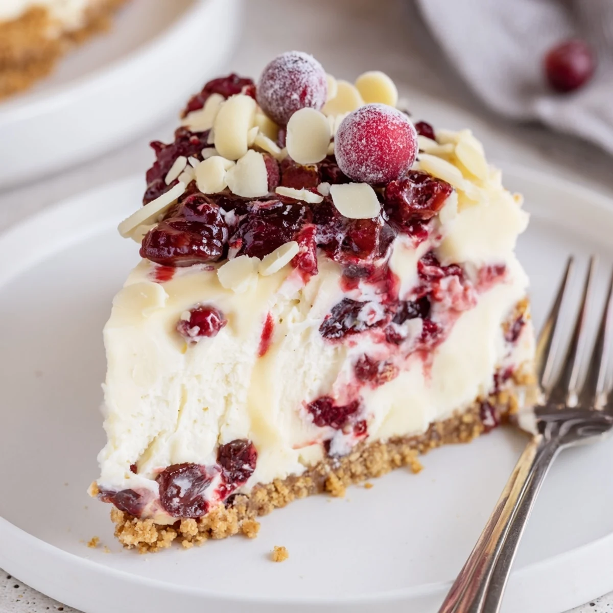 No Bake Cranberry White Chocolate Cheesecake topped with glossy cranberry compote, chilled