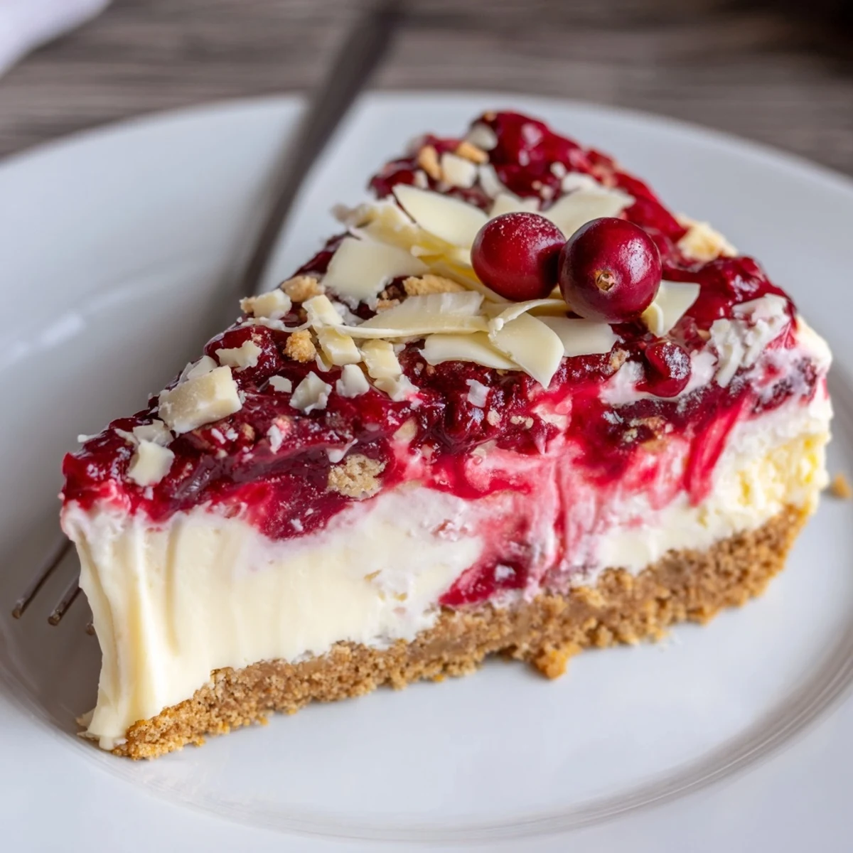 Slice of No Bake Cranberry White Chocolate Cheesecake on graham crust, creamy