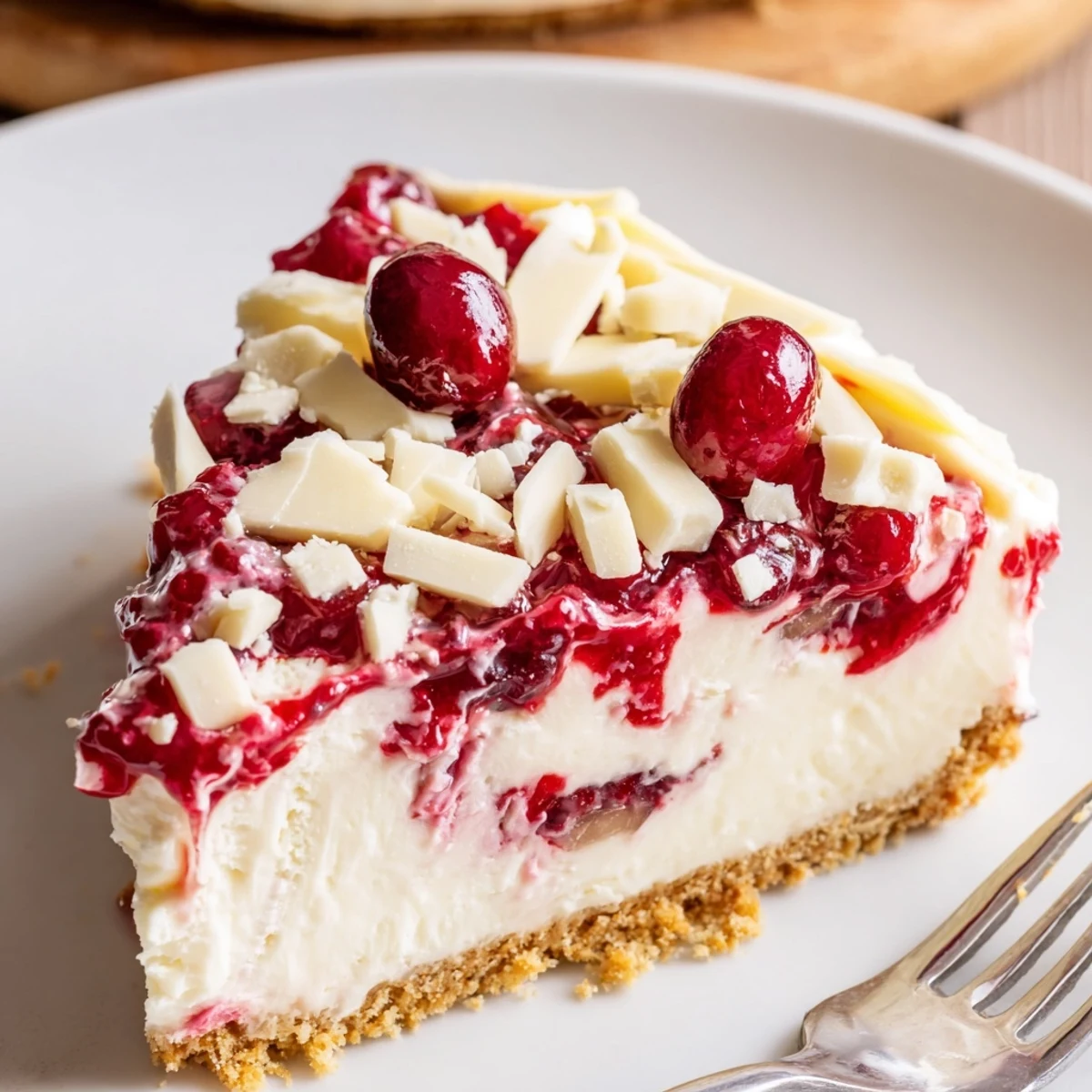 No Bake Cranberry White Chocolate Cheesecake garnished with shavings and fresh cranberries