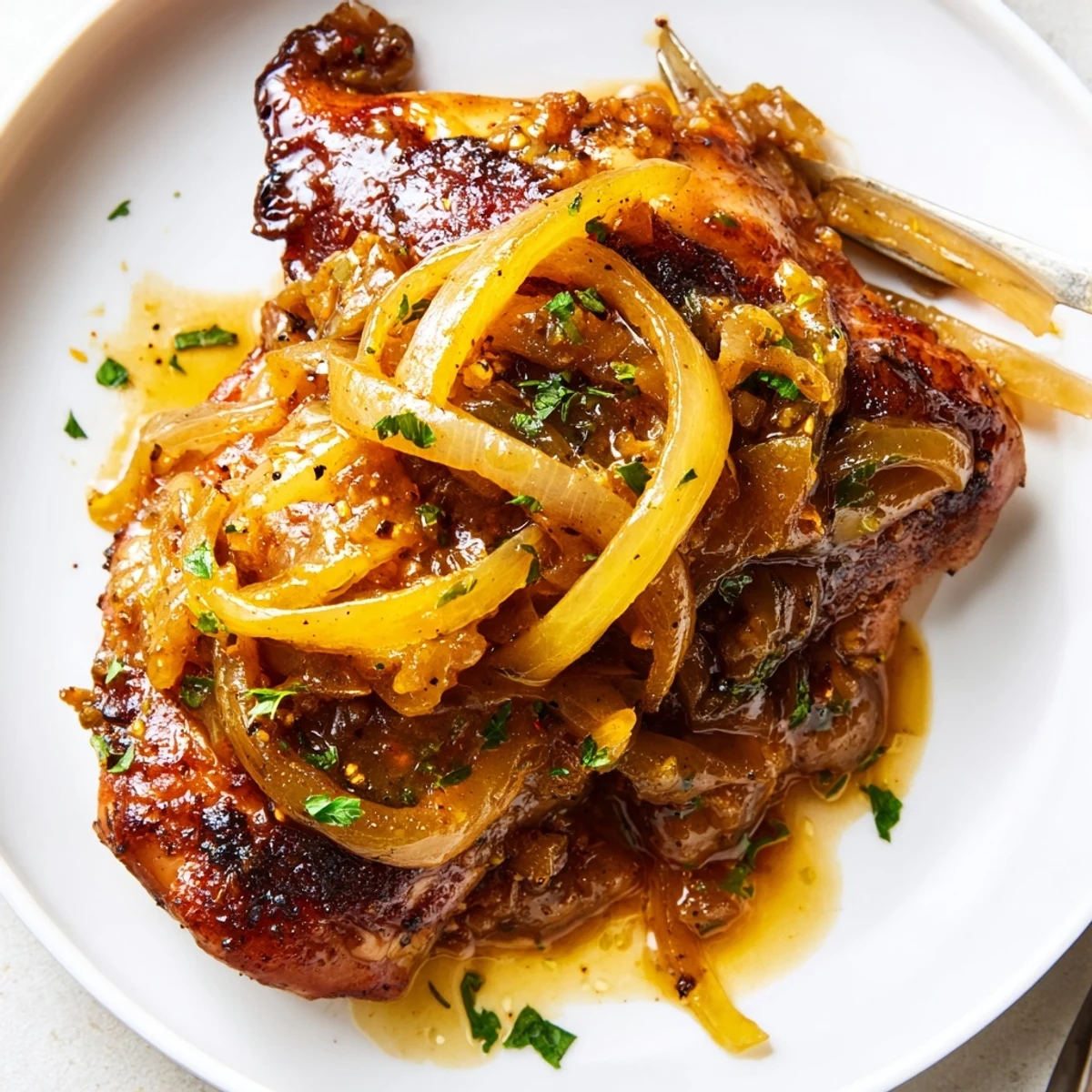 Plate with parsley garnish highlighting Savory Smothered Chicken Thighs In Rich Gravy Recipe